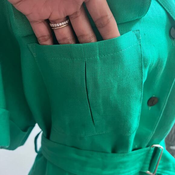 MATTHEW BRUCH Linen Button Front Safari Dress in Kelly Green Belted Women's 4 - Picture 8 of 11